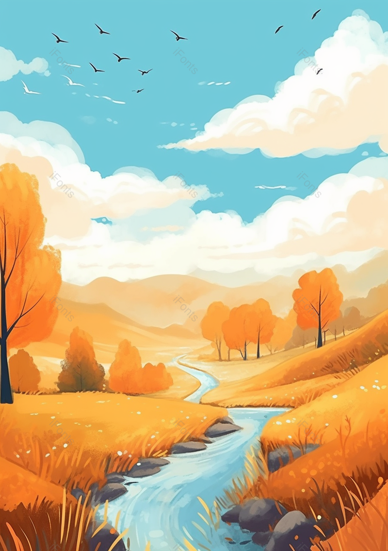 秋季山林河流自然美景手绘背景,插画/手绘图,插画/手绘图库,插画/手绘图下载,插画/手绘
